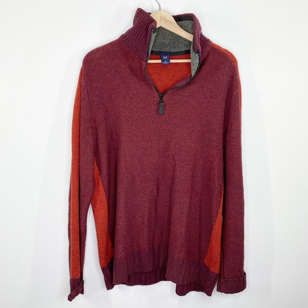 Gap Mens XL Red Orange 100% Lambswool‎ Quarter Zip Knit Sweater Pullover